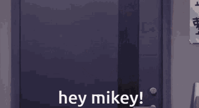 a person is standing in a doorway with the words `` hey mikey '' on it .