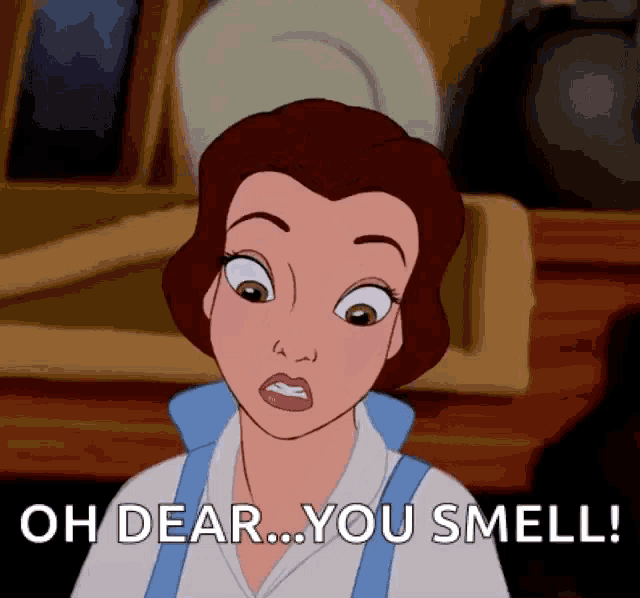 a cartoon of belle from beauty and the beast says oh dear you smell