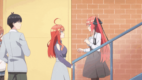 a girl with red hair is standing in front of a staircase