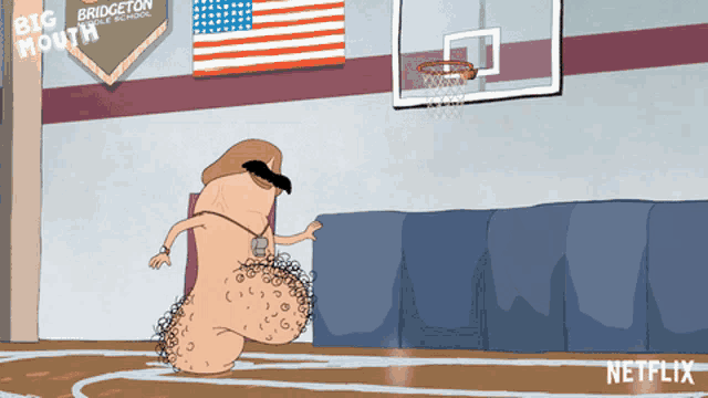 a cartoon of a man playing basketball with a big mouth banner behind him