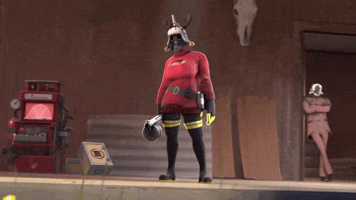 a woman in a red sweater is holding a gun in front of a pizza hut