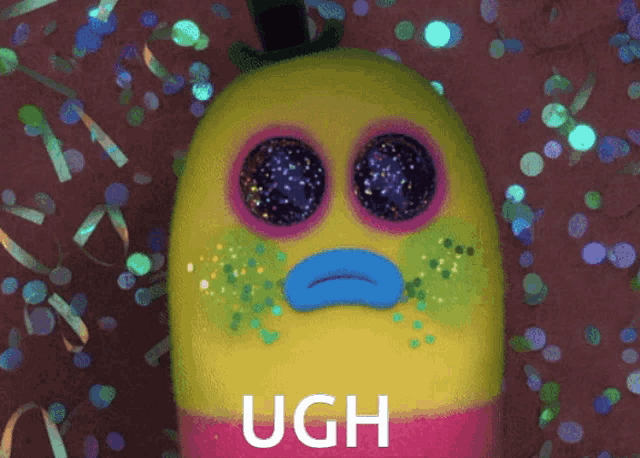 a cartoon character with a sad face and the word ugh above it