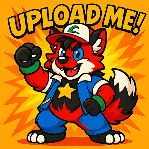 a cartoon of a fox wearing a hat that says upload me on it
