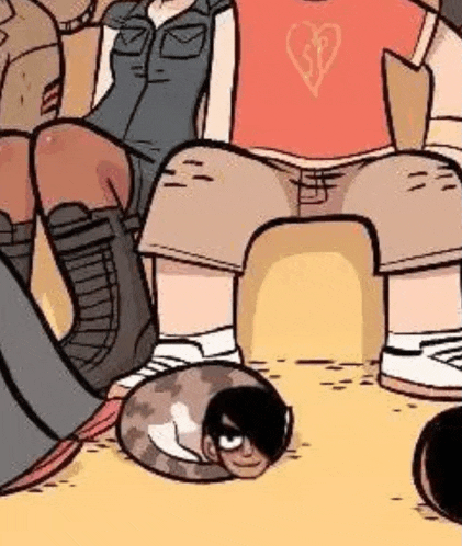 a cartoon of a group of people sitting next to each other with a cat laying on the floor .