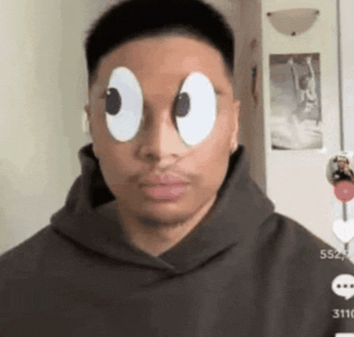 a man wearing a hoodie has paper eyes on his eyes .