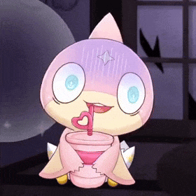 a cartoon character is holding a cup with a heart shaped straw in its mouth