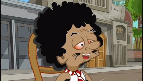 a cartoon character with curly hair is sitting in a chair in front of a building