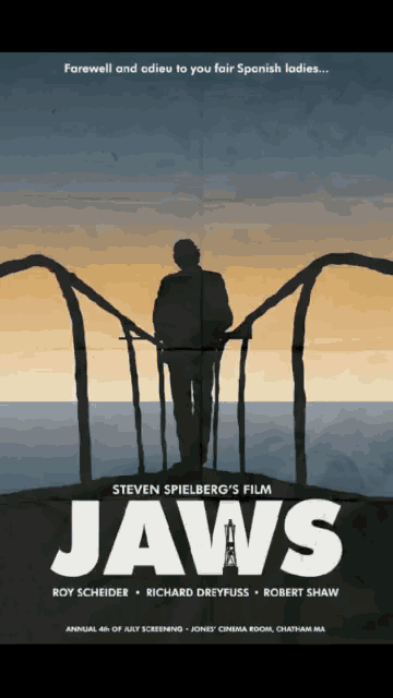 a poster for steven spielberg 's jaws shows a man standing on a bridge