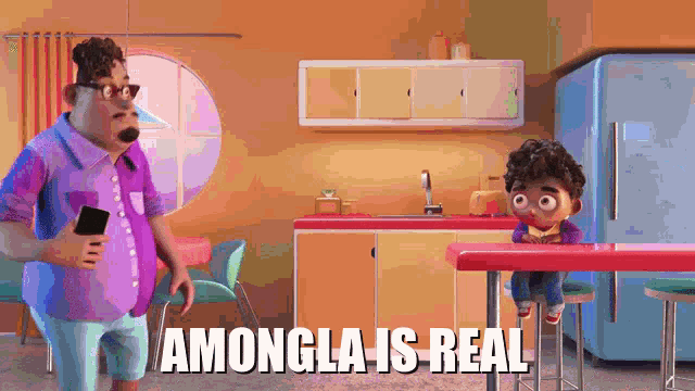 a cartoon character is standing in a kitchen with the words amongla is real on the bottom