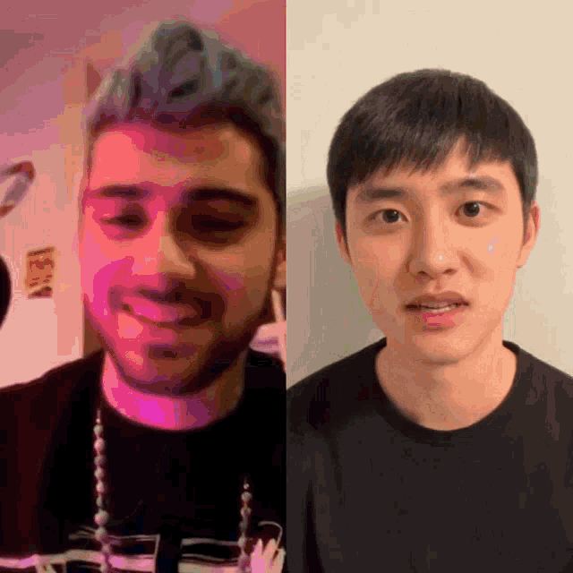 a man with purple hair and a man with black hair