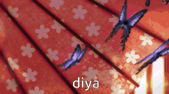 a red umbrella with butterflies and the word diya