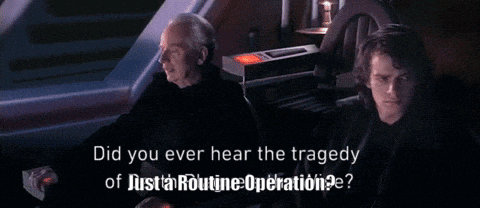 two men are sitting in a dark room with the words " did you ever hear the tragedy of just a routine operation "