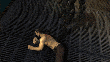 a shirtless man is laying on the floor with a letter a in the corner