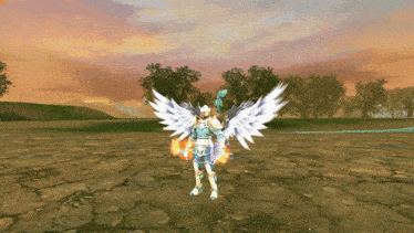 a video game character with white wings is standing in a dirt field
