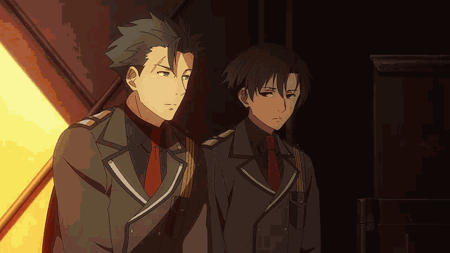 two anime characters standing next to each other with one having green hair