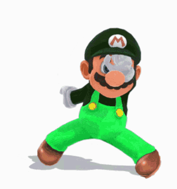 mario is wearing green overalls and a green hat with a white m on it