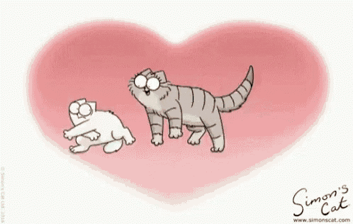 a cartoon of two cats hugging each other in front of a pink heart .