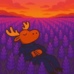 a moose laying in a field of purple flowers