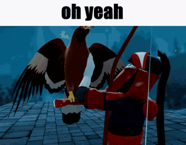 a video game character is holding an eagle with the words oh yeah above it