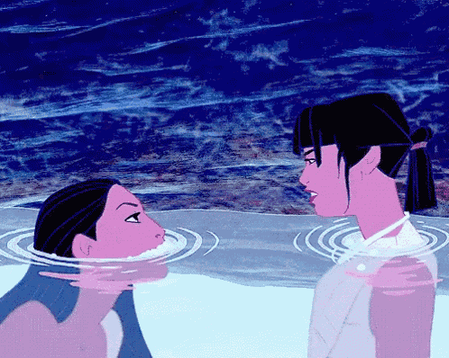a couple of cartoon characters standing in the water