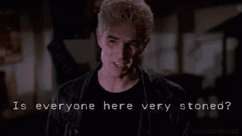 a man with a spike on his head is standing in a dark room and says `` is everyone here very stoned '' .