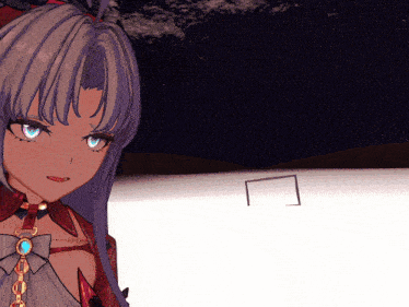 a girl with purple hair and blue eyes stands in front of a goal