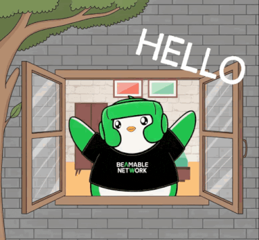 a cartoon penguin wearing a black shirt that says beamable network