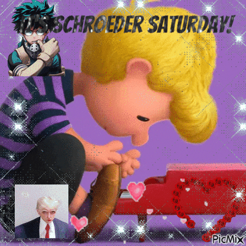 a purple background with a cartoon character and the words schroeder saturday