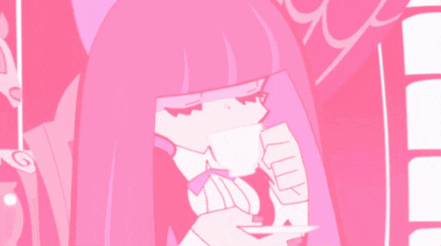 a cartoon girl with long pink hair is holding a glass