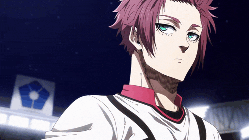 a man with purple hair and blue eyes is standing in front of a blue and white sign