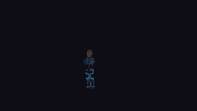 a group of glowing skeletons are dancing in a dark room