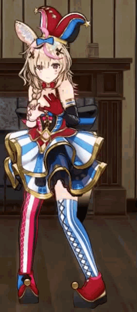 a girl is standing in a room wearing a jester costume .