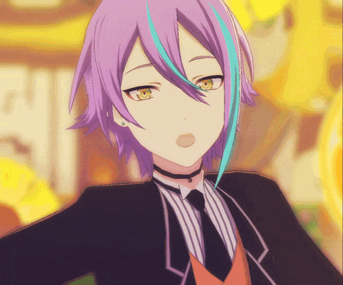 a close up of a anime character with purple hair and yellow eyes