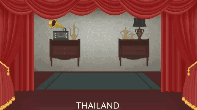 an illustration of a man and woman standing in front of a red curtain that says thailand on it