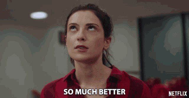 a woman in a red shirt says so much better in a netflix ad