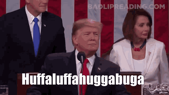 a man in a suit and tie is speaking into a microphone with the words huffaluffahuggaboga written on the screen