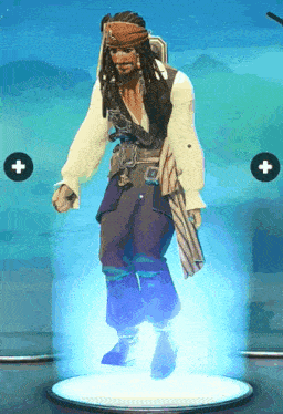 a pirate is standing in front of a blue background with a plus sign