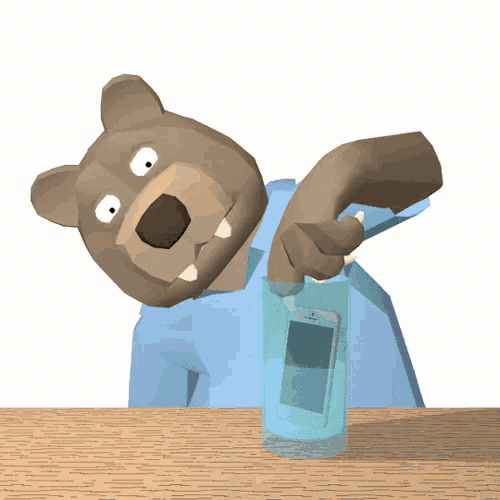 a cartoon bear is pouring a glass of water with a cell phone in it
