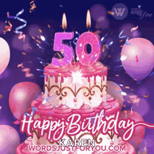 a pink birthday cake with purple candles and the number 50 on it