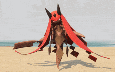 a cartoon character with long red hair stands on a beach