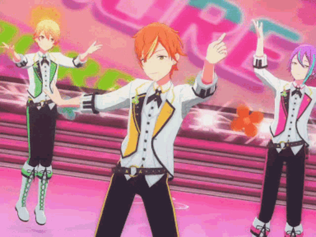 a group of anime characters are dancing in front of a pink background with the letter r on it