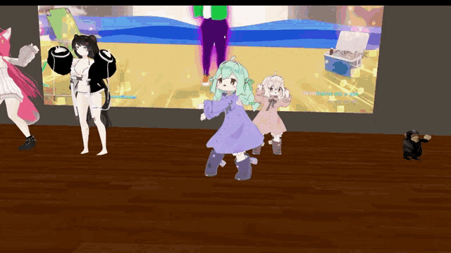 a group of anime girls are dancing in front of a screen that says ' i love you '