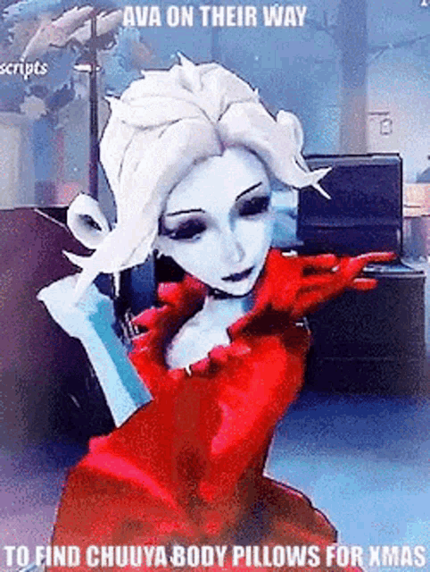 a woman in a red dress is holding a knife in her hand and says `` ava on their way '' .