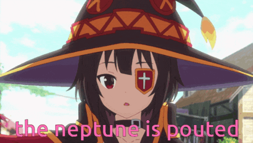 a girl in a witch hat with the words the neptune is pouted