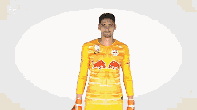 a soccer player wearing a yellow jersey with red bulls on it