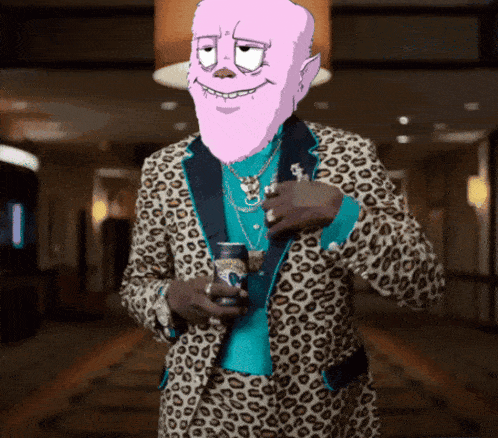 a man in a leopard print suit holds a can of bud light