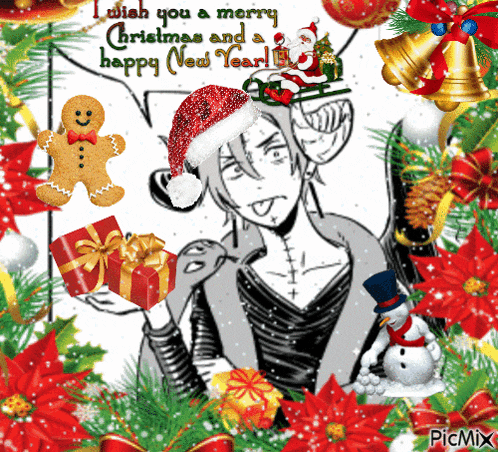 a christmas greeting card with a gingerbread man holding a gift