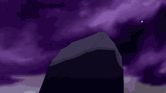 a cartoon character is standing on top of a rock with a purple sky in the background .