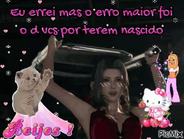 a cartoon of a woman holding a knife and a cat with the words beijos in the bottom right corner