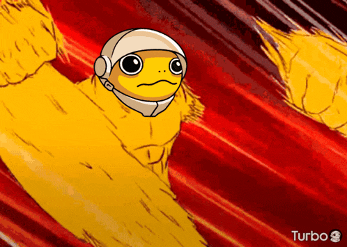a cartoon of a yellow frog with a white helmet and the words turbo on the bottom right